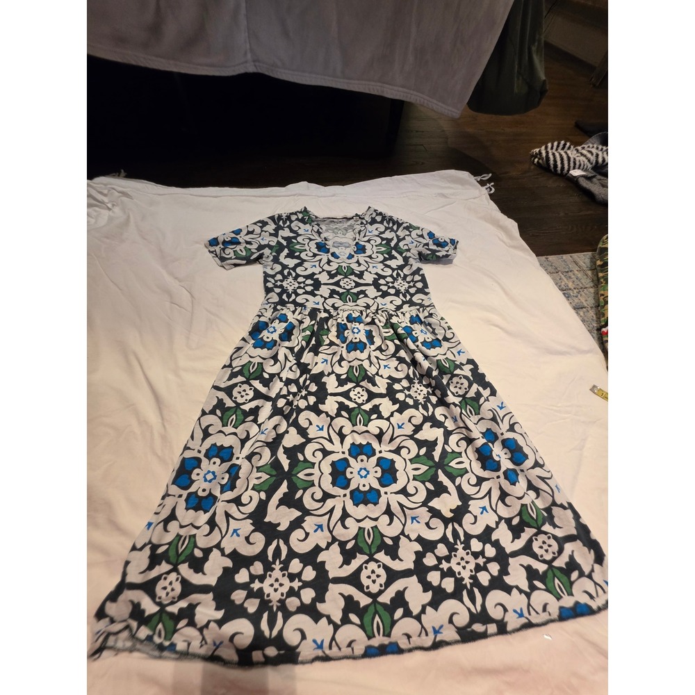Boden Blue Green Damask Floral V-Neck Jersey Empire Waist Dress US 6L